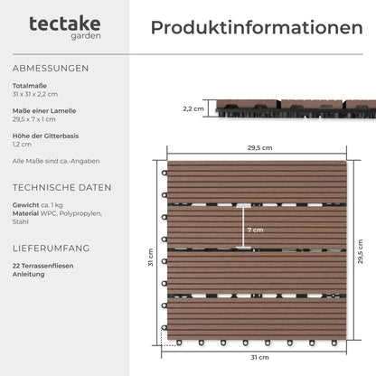 tectake WPC Holzfliesen Tegulas, 22er Set mit Klicksystem, braun