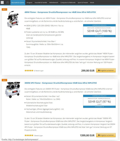 IMPLOTEX 480W Silent Druckluftkompressor ölfrei 48dB