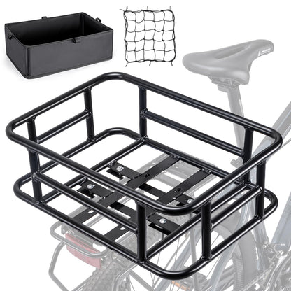 CXWXC Fahrradkorb hinten mit Cargo-Netz und Liner bis 30 kg, schwarzer Stahlkorb zur Heckmontage