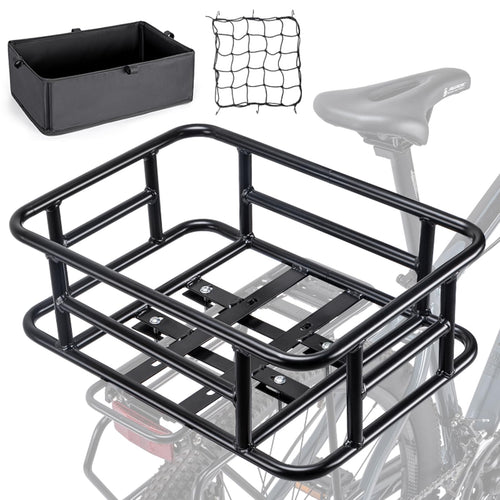 CXWXC Fahrradkorb hinten mit Cargo-Netz und Liner bis 30 kg, schwarzer Stahlkorb zur Heckmontage