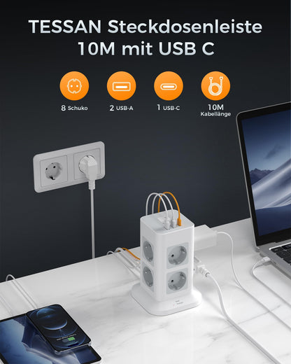 TESSAN Mehrfachsteckdose 8-fach USB-C, Überspannungsschutz, 10 m