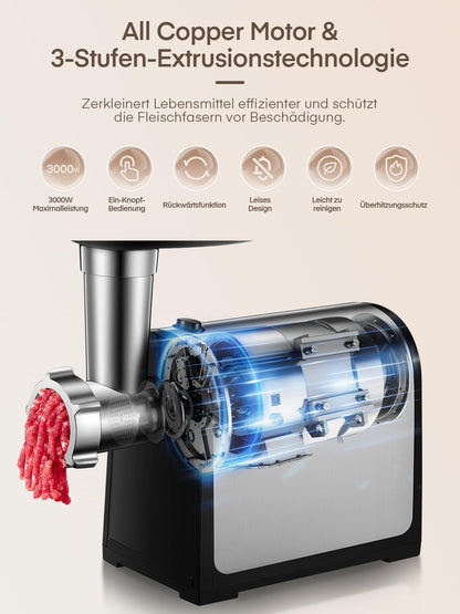 FOHERE MG-2450 Elektrischer Fleischwolf 3-in-1 mit Wurstfüller