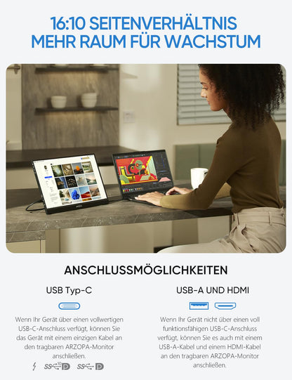ARZOPA Z1RC 16 Zoll 2.5K Portabler Zweitbildschirm USB-C HDMI