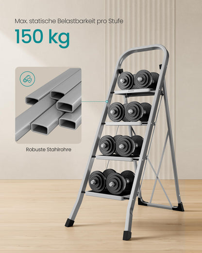 SONGMICS Trittleiter 4 Stufen, Klapptritt bis 150 kg, Taubengrau