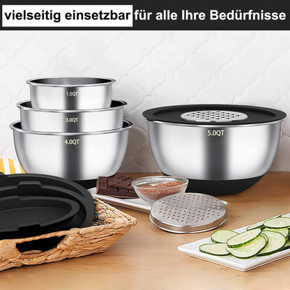 Terlulu Rührschüssel Set 6-teilig, Edelstahl mit Deckel, schwarz