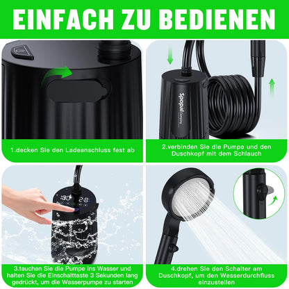 Spopal Campingdusche mit Pumpe, tragbar, 10000 mAh, IPX8