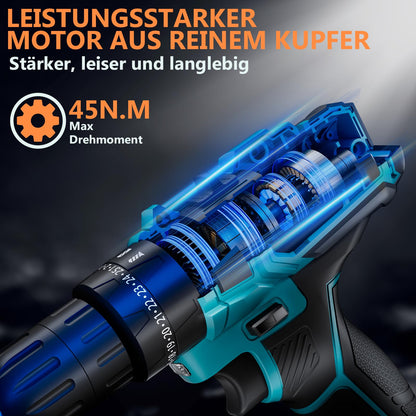 Olubfdh Akkuschrauber 21V Set mit 2 Akkus, 45 Nm, LED, Blau