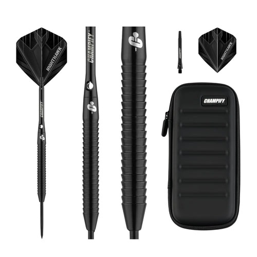 Champify Nighthawk Steeldarts Set, 90% Tungsten, 23 g, mit Tasche – drei schwarze Darts mit Metallspitze