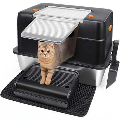 Vivifying Katzenklo aus Edelstahl mit Deckel, Schaufel und Matte, XL in Schwarz