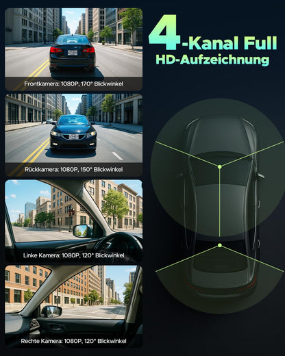 LAMTTO Dashcam 4-Kanal Auto Kamera Vorne Hinten Innen WiFi