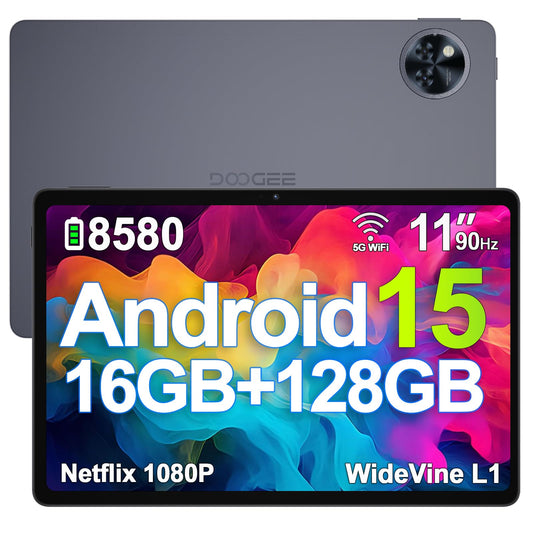 DOOGEE U11 Android 15 Tablet - 11 Zoll 16GB RAM 128GB ROM, dunkelgrau. Nutzt Android 15 für mobile Apps.