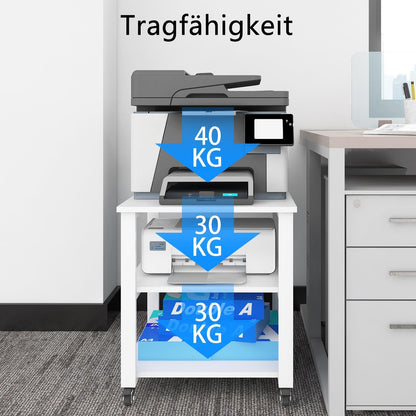 PUNCIA Mobiler 3-Ebenen Druckertisch Holz & Metall Weiss 50x50x50cm