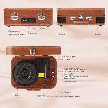 Retro Plattenspieler mit Bluetooth, Lautsprecher & Tragekoffer – Braun