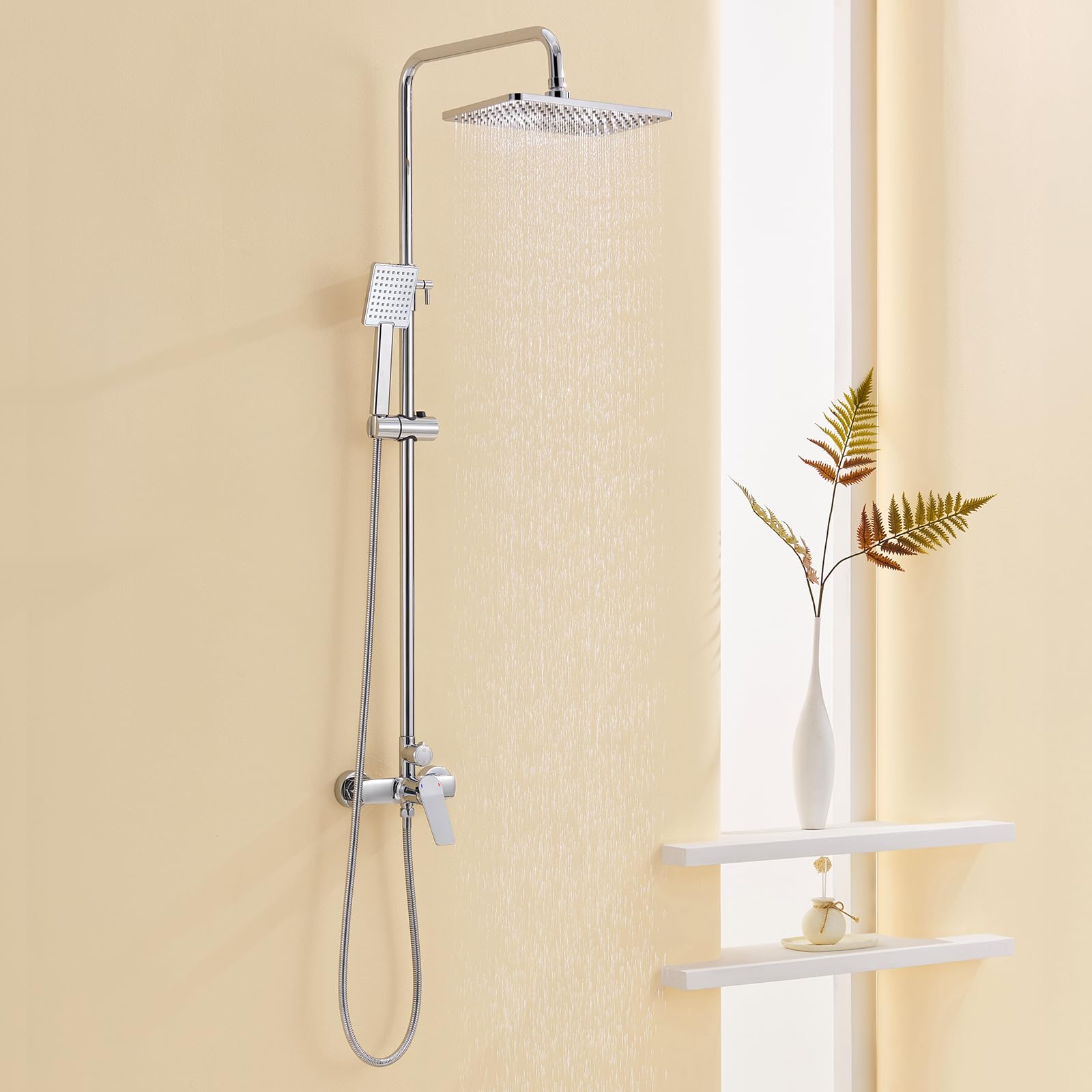 Auralum Regendusche Komplettset höhenverstellbar – Chrom. Glänzendes, silbernes Duschsystem mit Kopf- und Handbrause für die Körperpflege.