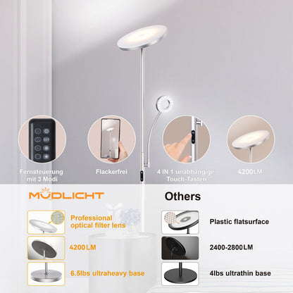 Modlicht LED Stehlampe Dimmbar Deckenfluter Leselampe Silber