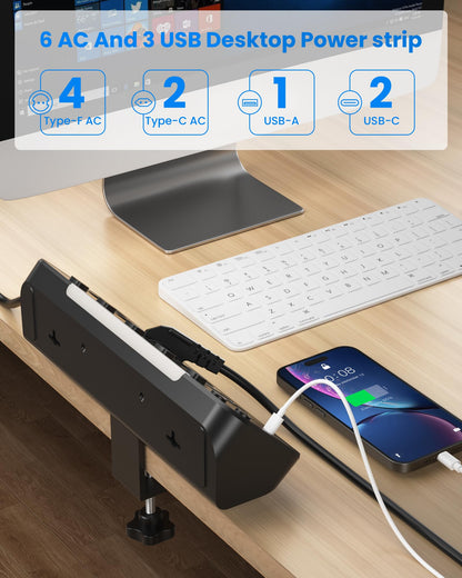 HoniHom Tischsteckdose 6-fach mit USB-C PD 20W, einzeln schaltbar