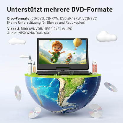 POFOTO Tragbarer DVD-Player, 14,1-Zoll-HD-Schwenkdisplay, 6h Akku