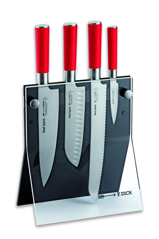 F. DICK Red Spirit Messerblock mit 4 Messern – Modell 8177200. Schwarzer Block mit 4 Messern, rote Griffe. Zur sicheren Aufbewahrung.