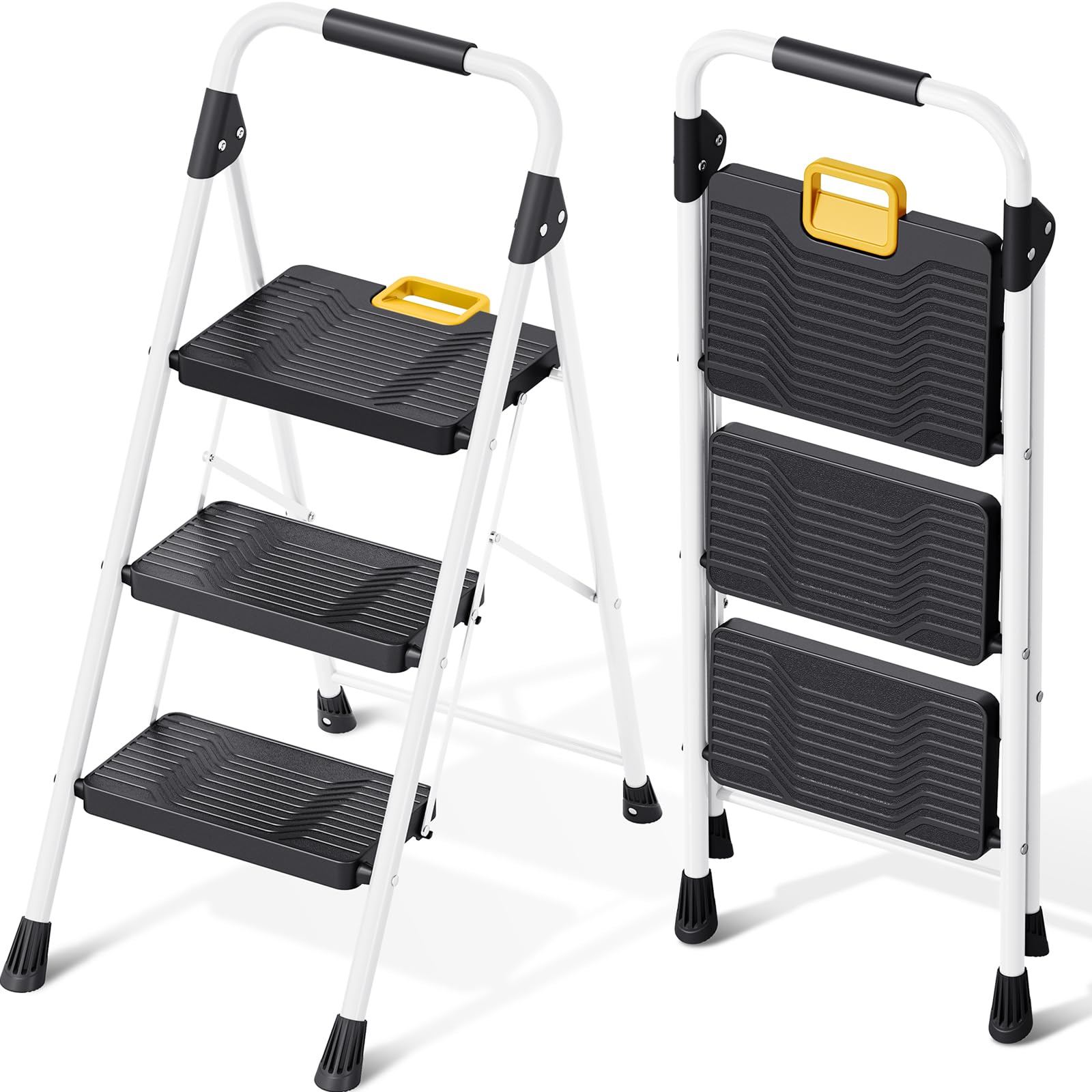 KINGRACK Trittleiter 3 Stufen, Klappleiter 150 kg, weiss, Stahl mit Handlauf und Antirutschpedalen