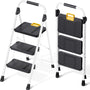 KINGRACK Trittleiter 3 Stufen, Klappleiter 150 kg, weiss, Stahl mit Handlauf und Antirutschpedalen