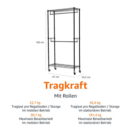 Amazon Basics Doppel-Kleiderständer mit Rollen, 181 kg, schwarz