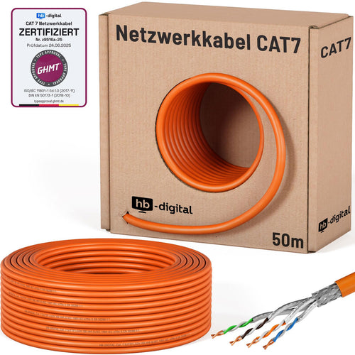 HB-DIGITAL CAT 7 Netzwerkkabel 50m Verlegekabel S/FTP LSZH orange mit reinem Kupferleiter AWG23 zur Netzwerkinstallation