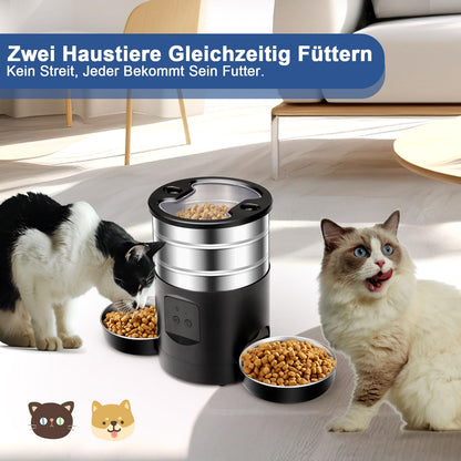 Automatischer Futterautomat Katze 5L – WiFi Edelstahl, 2 Näpfe