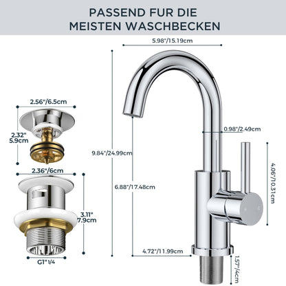 FORIOUS Waschtischarmatur hoch mit Ablaufgarnitur, Edelstahl, 360°
