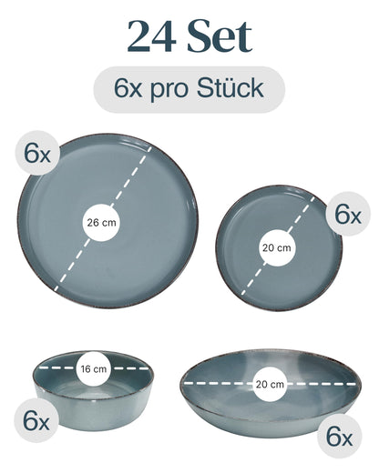Pure Living Rustic Steingut Geschirrset 24 tlg. Rauchblau