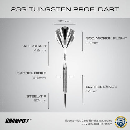 Champify Blizzard Steeldarts Set 23g 90% Tungsten mit Darttasche