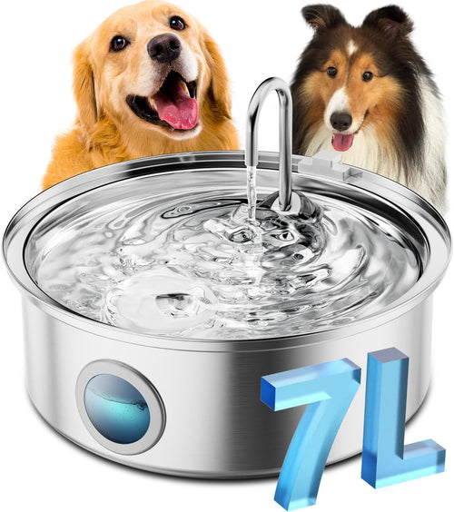 oneisall Trinkbrunnen für Hunde 7L, Edelstahl mit LED und Filter – Wasserspender mit Sichtfenster