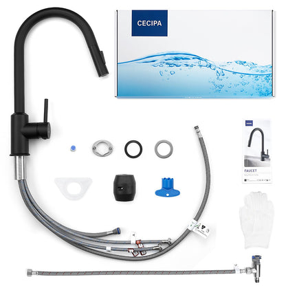 CECIPA Küchenarmatur Niederdruck Schwarz – Ausziehbarer Bogen