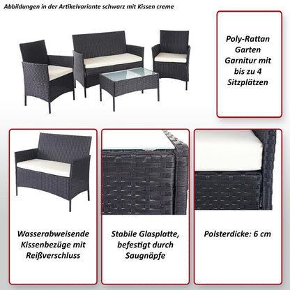 Mendler HWC-D82 Garten Lounge-Set - Schwarz mit Kissen Creme