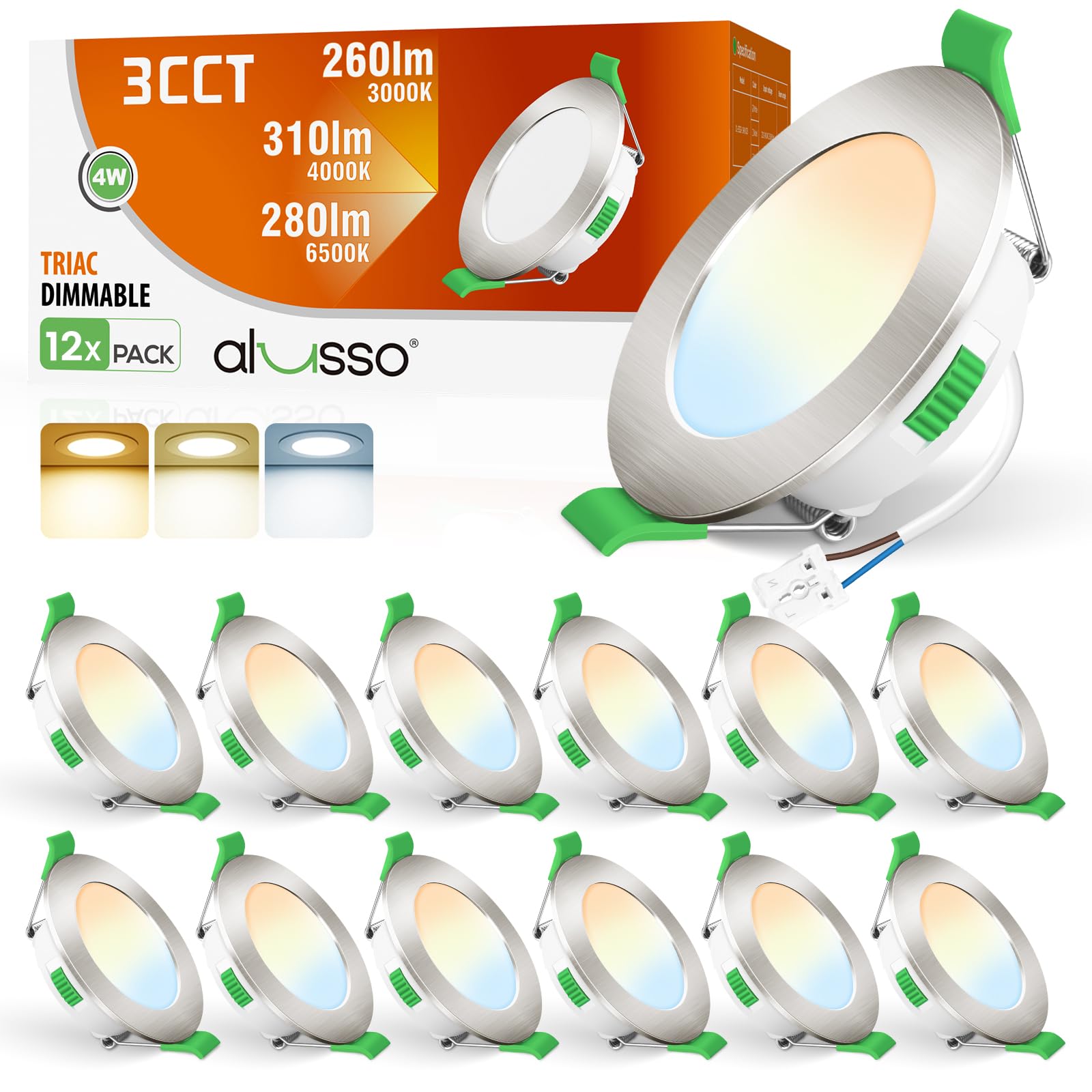 ALUSSO LED Einbaustrahler dimmbar, 3 Farbtemperaturen, IP44, 12er Set, flacher runder Deckenspot