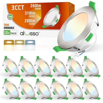 ALUSSO LED Einbaustrahler dimmbar, 3 Farbtemperaturen, IP44, 12er Set, flacher runder Deckenspot