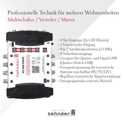 ZEHNDER 9/8 Multischalter Multiswitch – 2 Sat, 8 Teilnehmer, HD 4K