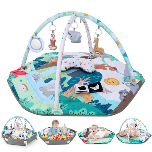 Lilian&Gema Spielbogen Baby 4-in-1 Spielmatte mit 6 Spielzeugen, Zoo-Design, faltbar