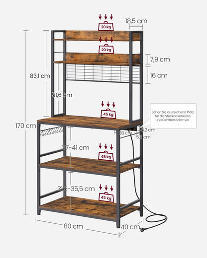 VASAGLE Küchenregal KKS025B01EU mit Steckdosen vintagebraun-schwarz