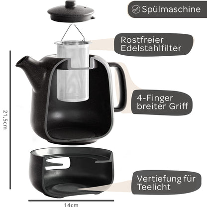 STEINZEIT Design Teekanne mit Stövchen 1.3L – Keramik Schwarz