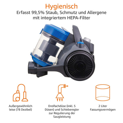 Amazon Basics Zylinder-Staubsauger beutellos - 700W Schwarz/Blau