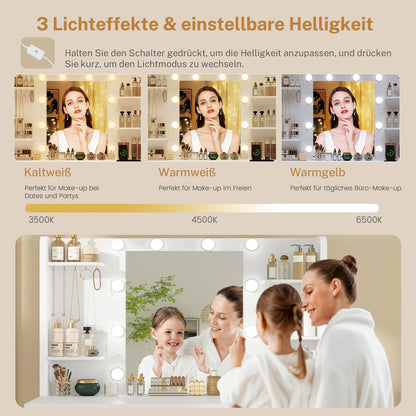 TEENFON Schminktisch mit LED-Spiegel und Ladestation, Weiss
