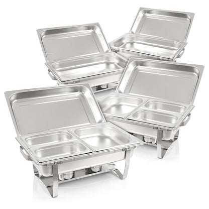 Mahlzeit Chafing Dish Profi Set Grenoble Speisewärmer - 4X Edelstahl. Rechteckige, silberne Edelstahl-Speisewärmer halten Speisen im Wasserbad warm.
