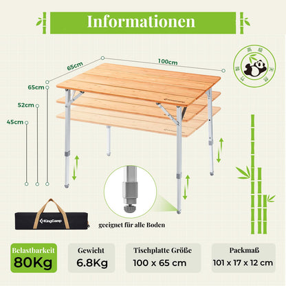 KingCamp Campingtisch Bambus Klapptisch höhenverstellbar – 100x65cm