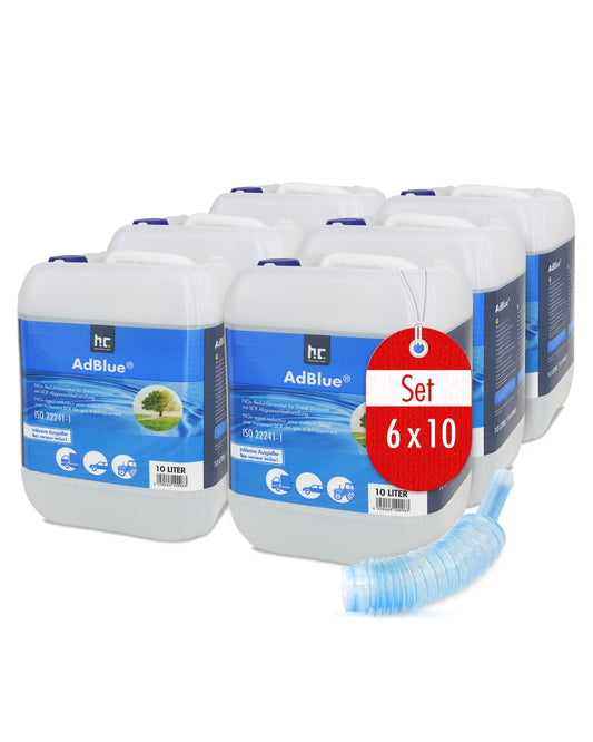Höfer Chemie AdBlue Harnstofflösung Diesel – 6x10L inkl. Ausgiesser. 6 blaue 10L-Kanister für SCR-Systeme, reduziert NOx-Emissionen.