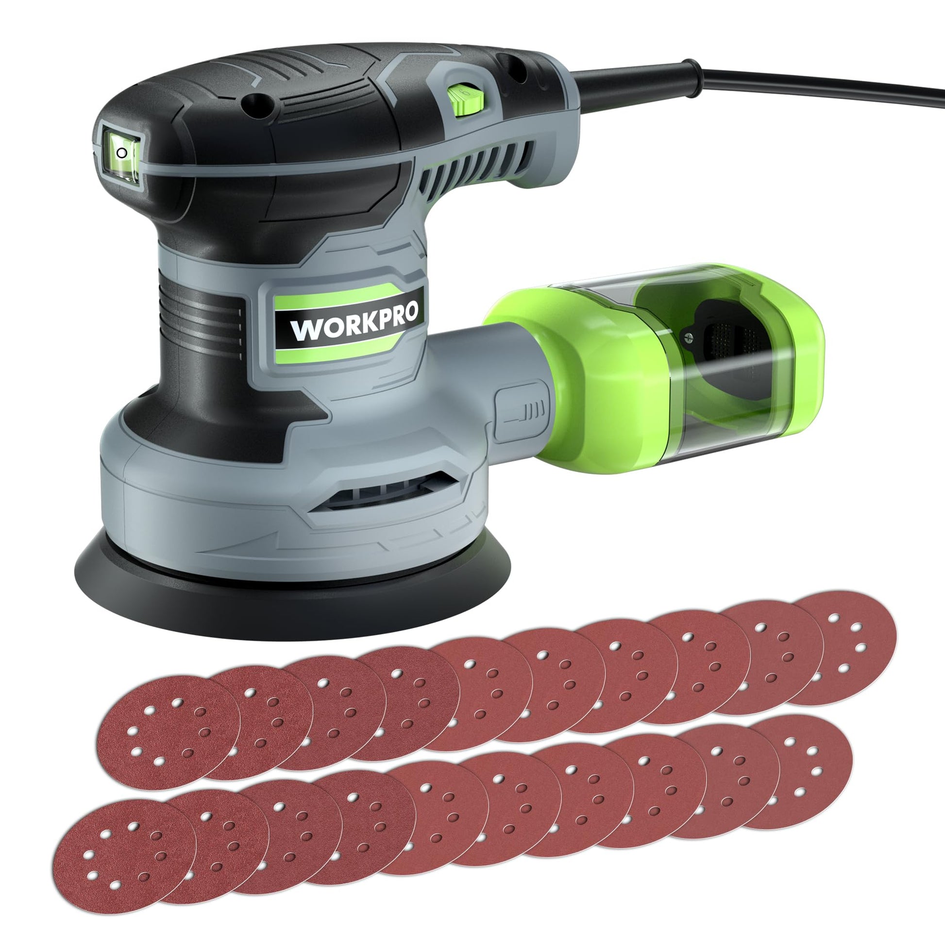 WORKPRO Exzenterschleifer 125 mm, 300 W, 7000–13000 OPM mit Absaugung, Staubbehälter und 20 Schleifpapieren