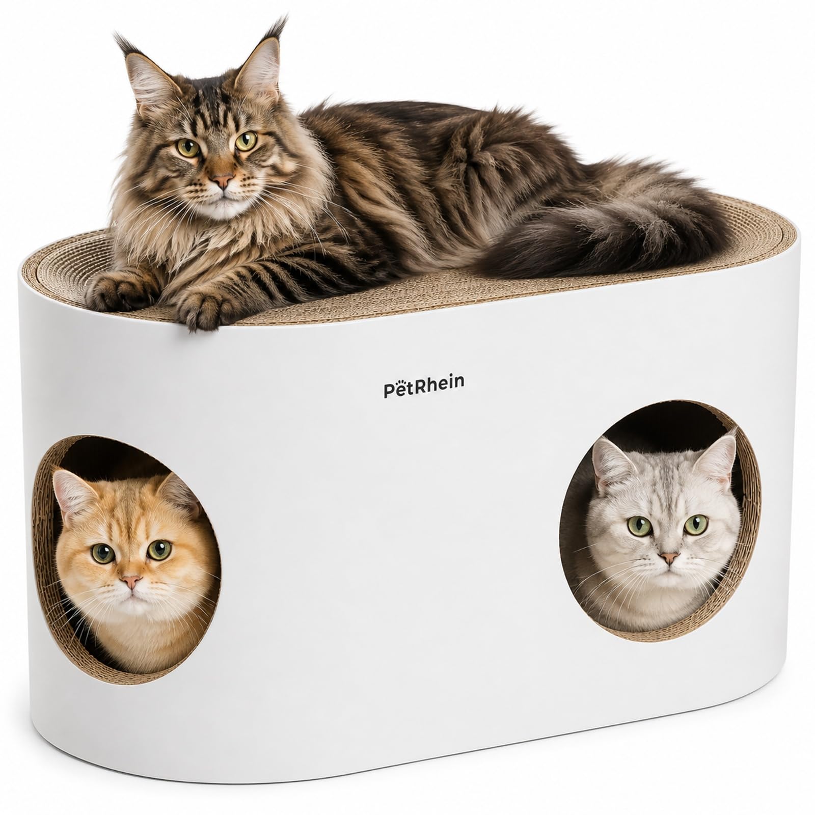 PetRhein Kratzbrett 3-in-1 Katzenhöhle mit Kratzmatte und Katzenbett aus Wellpappe in Weiss-Beige