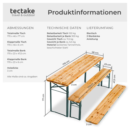 tectake Bierzeltgarnitur Klappbar Set - Tisch & 2 Bänke