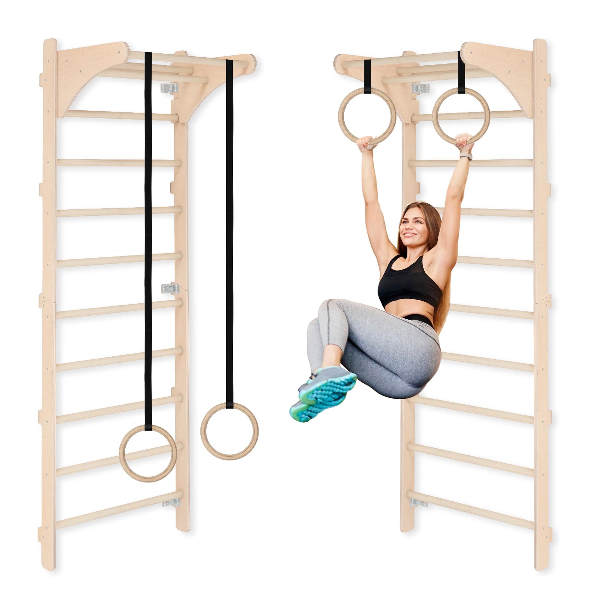 AktivFit Sprossenwand Heim-Fitness mit verstellbaren Holzringen: Vertikale Holzleiter in Naturholzfarbe. Für Kraft- und Bodyweight-Training.
