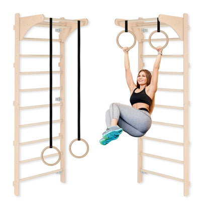 AktivFit Sprossenwand Heim-Fitness mit verstellbaren Holzringen: Vertikale Holzleiter in Naturholzfarbe. Für Kraft- und Bodyweight-Training.