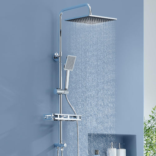 Auralum Duschsystem Regendusche mit Handbrause, Edelstahl, Chrom – eckiger Duschkopf, verchromte Oberfläche